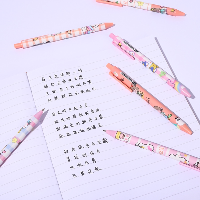 [Warna Random] 0.5mm Kreatif Tekan Tipe Gel Pen Indah Halus Hitam Netral Pulpen Siswa Netral Pulpen Alat Tulis Kartun Pola Kelinci Lucu Pink Gel Pen