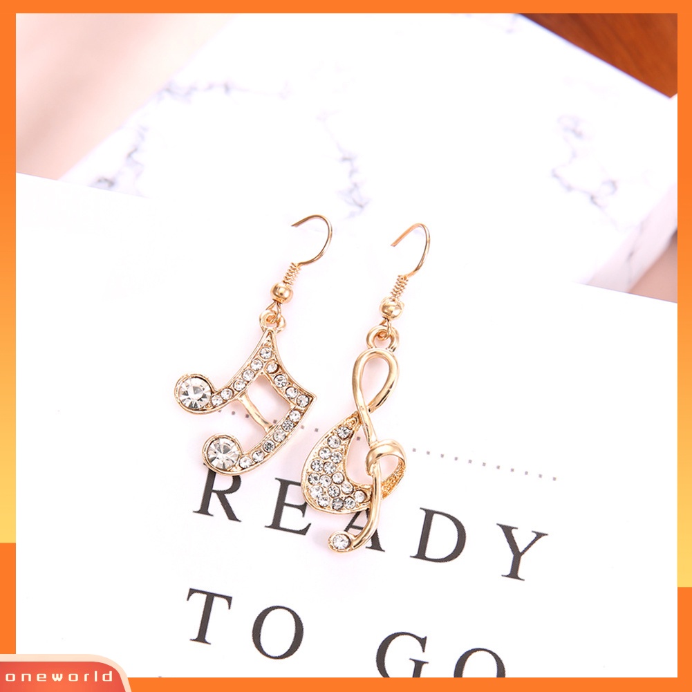 {oneworld} Fashion Wanita Musik Note Treble Clef Berlian Imitasi Menjuntai Kait Anting Perhiasan