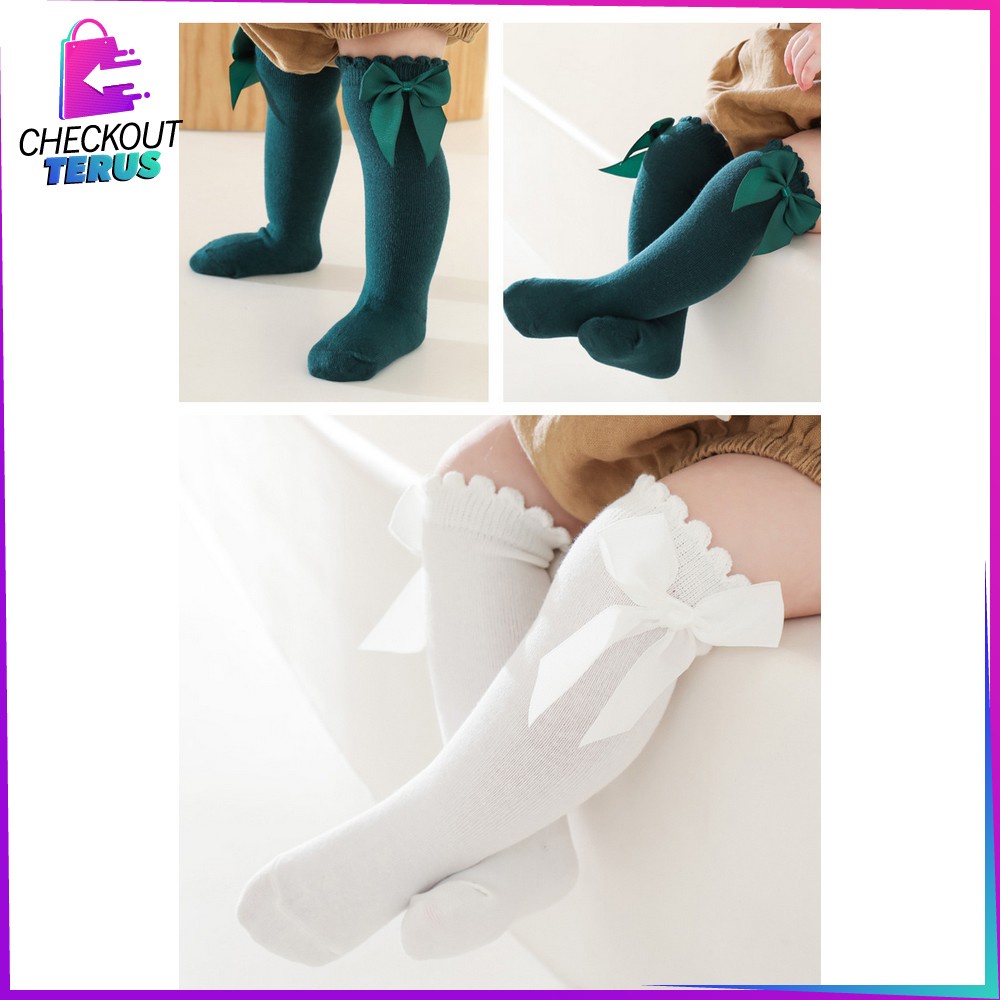 CT P532 Kaos Kaki Bayi Panjang Pita Selutut Anak Perempuan Motif Polos Anti Nyamuk Ribbon Sock Import