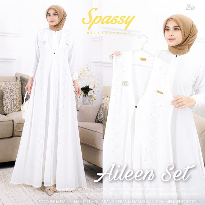 Busana Muslim Wanita Terbaru Gamis Putih Set Outer Panjang Bahan Ceruty Babydoll Setelan Jumbo Baju Kondangan Wanita Kekinian Aileen Set