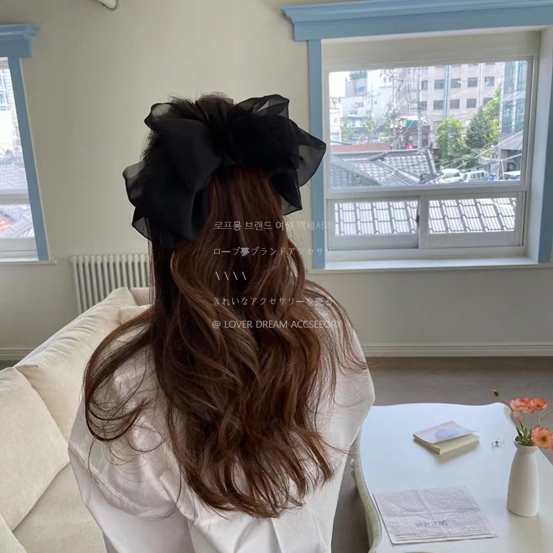 JEPIT RAMBUT PITA BESAR BOW KNOT KAIN MESH FAIRY SUMMER BIG BUTTERFLY RIBBON HAIRPIN ELEGAN SATIN FRENCH RETRO SILK BIG FAIRY FEMINIM RIBBON HAIRCLIP BESAR BLACK COLOR WARNA HITAM HAIR SNAP AKSESORIS ACCESSORIES PIN KOREA PRINCESS STYLE