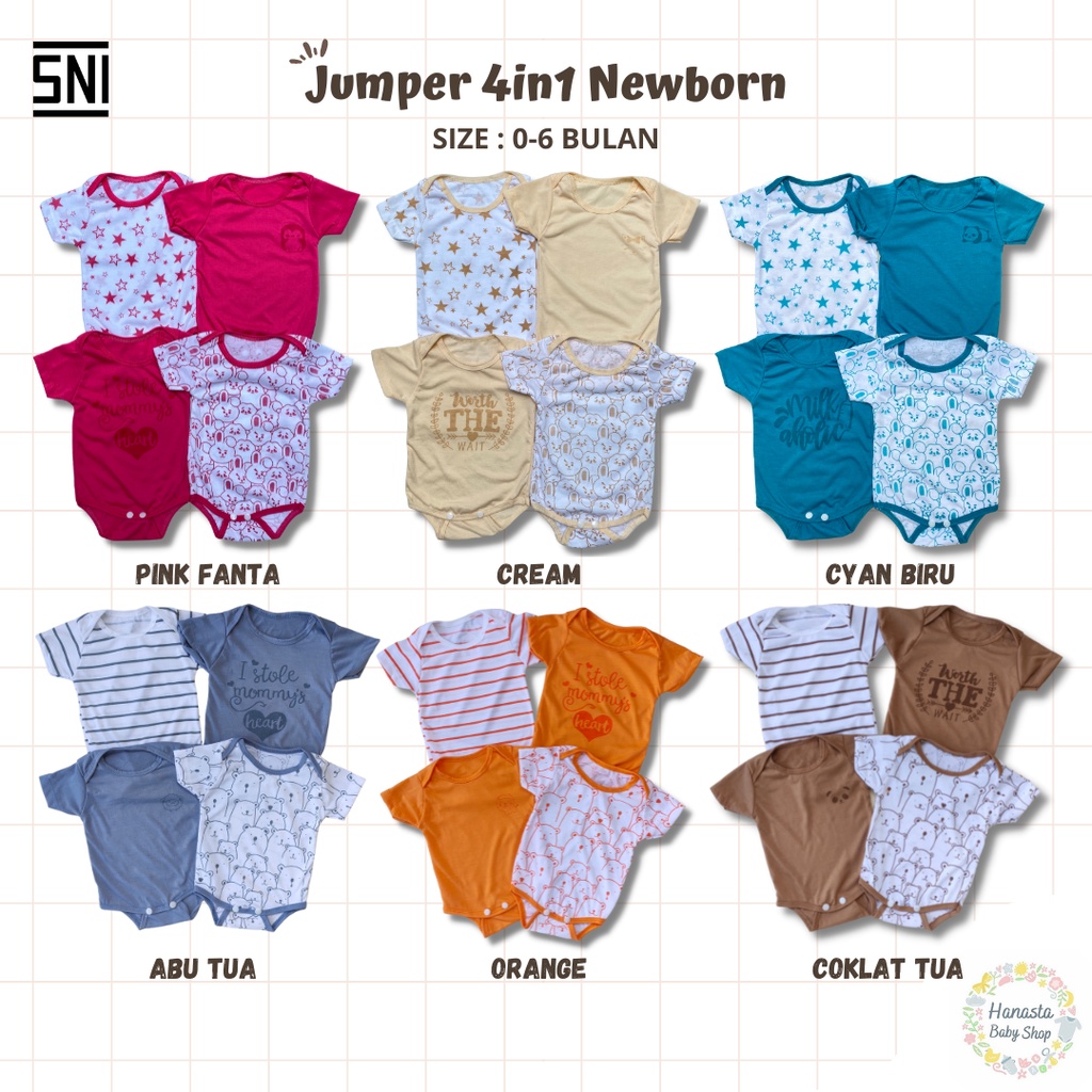 Jumper Bayi 4in1 Lengan Pendek Jumpsuit Newborn 0-6 Bulan