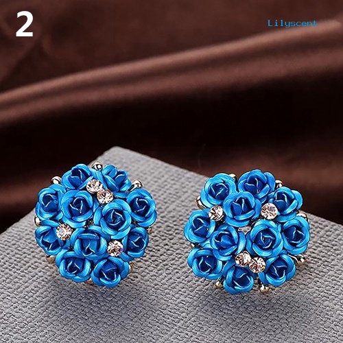 [LS] Wanita Fashion Elegan Hias Berlian Imitasi Mekar Bunga Mawar Telinga Studs Earrings