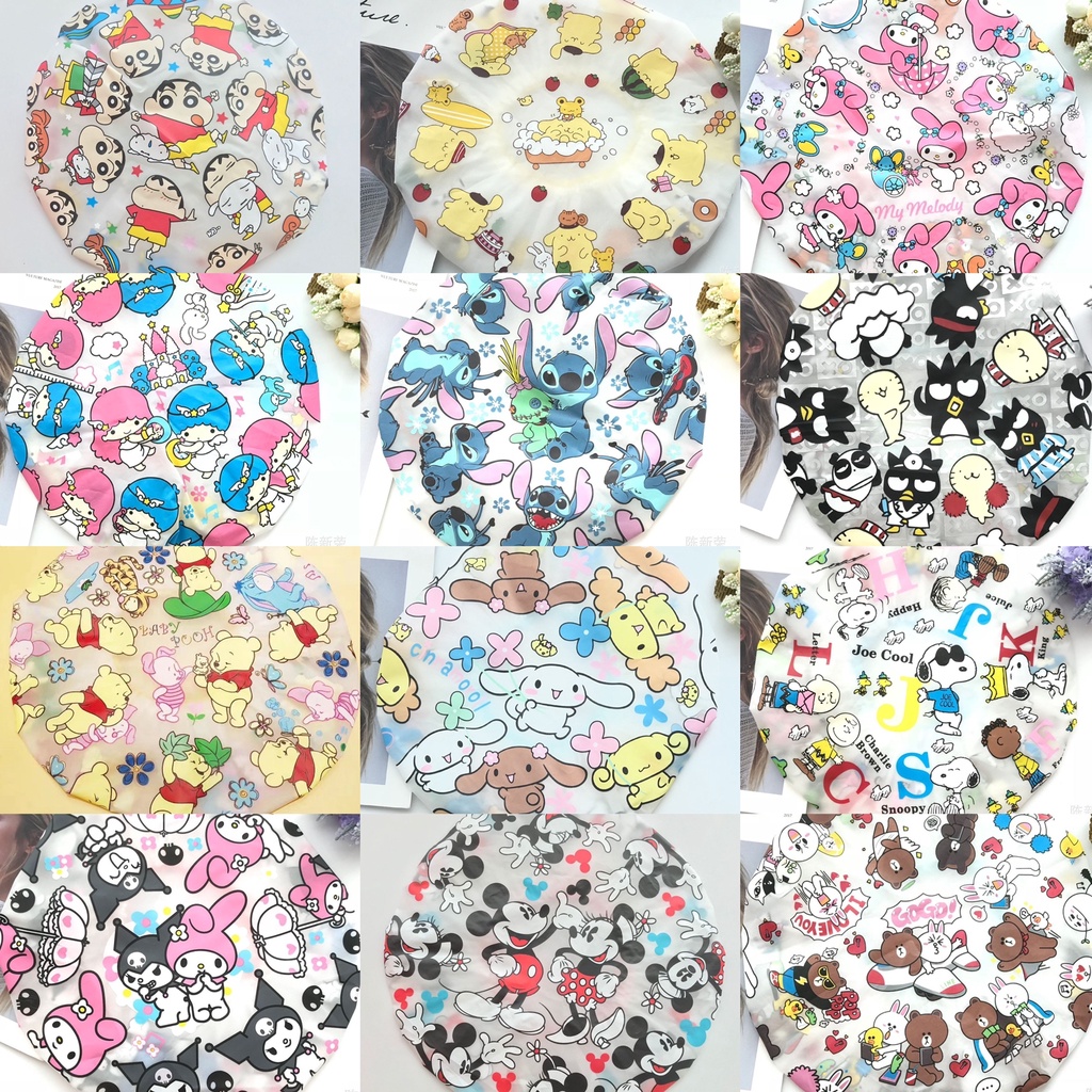 Shower Cap Karakter Snoopy Cinnamoroll Brown Cony Kuromi My Melody Sinchan Badzmaru Pompompurin Little Twin Star Stitch Pooh Mickey