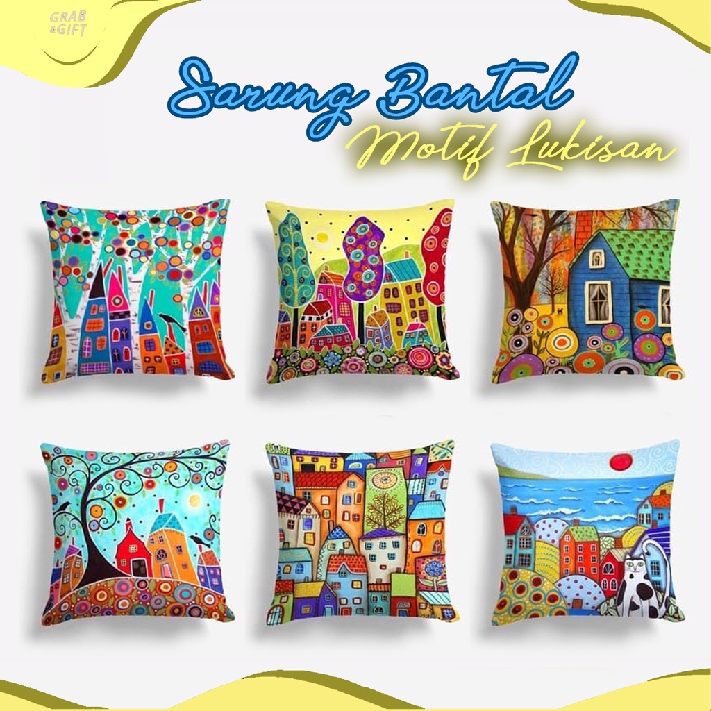 SARUNG Bantal Sofa Motif Lukisan Painting Rumah Retro 40x40 cm