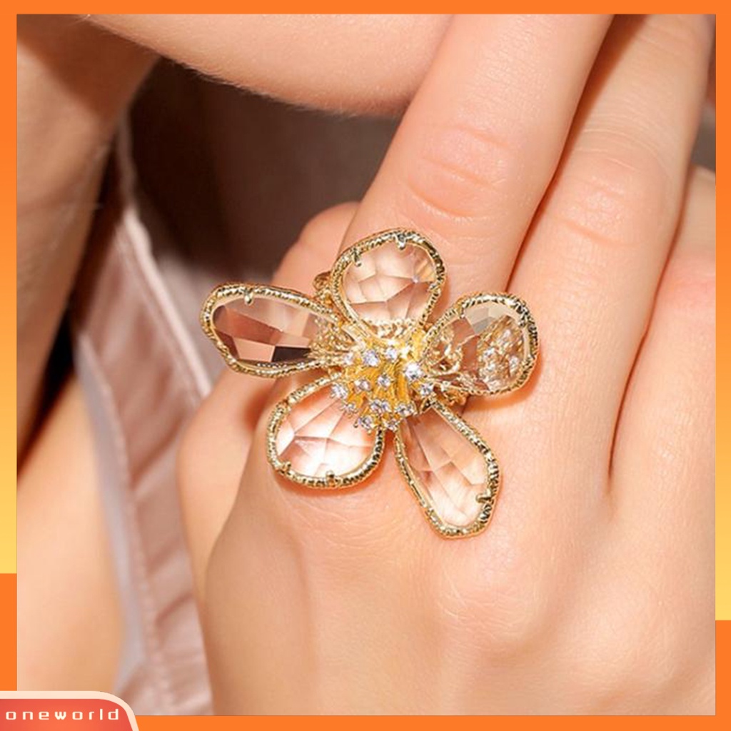 [ONWL] Wanita Cincin Bening Berlian Imitasi Pembukaan Dapat Disesuaikan Warna-Warni Kelopak Besar Pesta Trendi Cincin Perhiasan Aksesoris