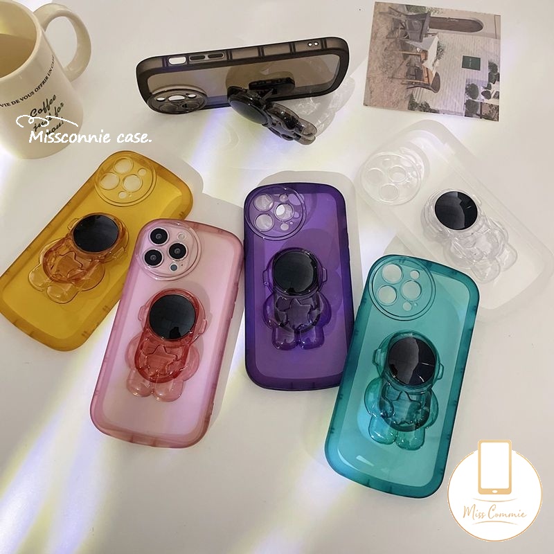 IPHONE Kartun Astronot Bracket Phone Case Kompatibel Untuk Iphone6 6s 7 8 Plus 11 14 12 13 Pro MAX XR 14Plus X XS MAX SE 2020 Shockproof Airbag Soft TPU Back Case Dengan Phone Stand Holder