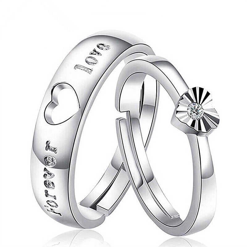 2 Pcs/Set925 Sterling Perak Adjustable Pasangan Cincin Berlian Fashion Wanita Perhiasan Cincin Couple Rings