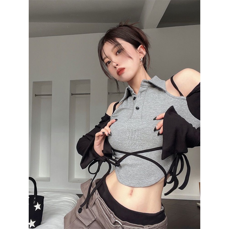 Red Hot girl T-shirt wanita rasa desain ceruk musim gugur off-the-shoulder splicing lengan panjang slim-fit strap short bottoming shirt top