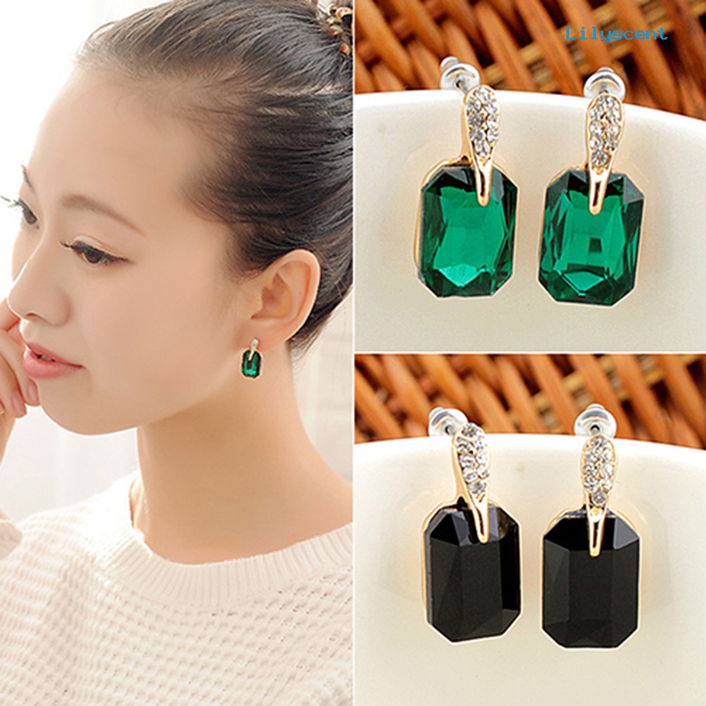 [LS] Wanita Elegan Persegi Panjang Berlian Imitasi Ear Studs Earrings Perhiasan Hadiah Ulang Tahun