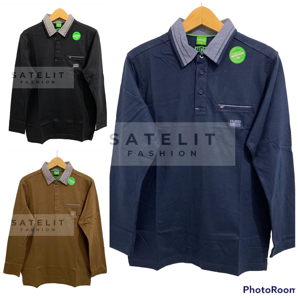 Hugo Class Original Kaos Kerah Pria Polos Combet Lengan Panjang (Kancing Kantong)