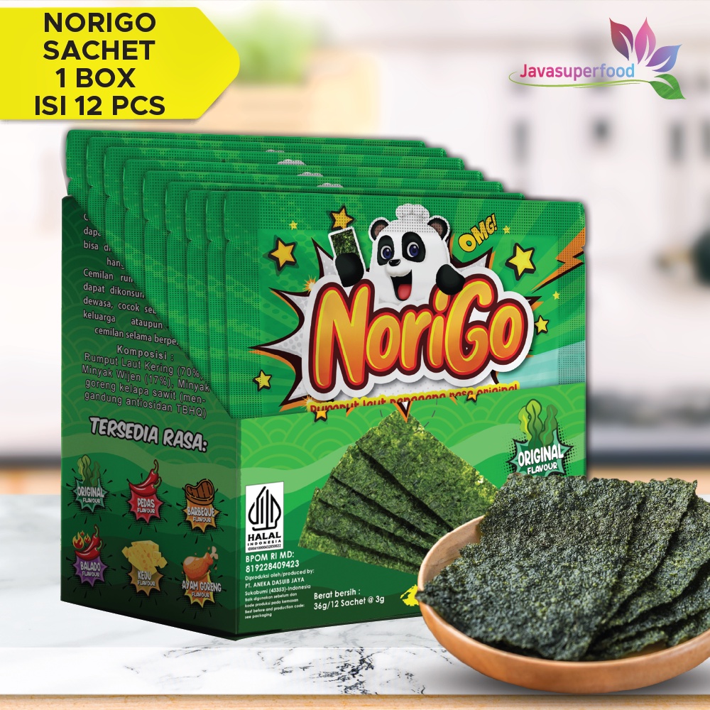 Norigo (1 BOX ISI 12 PCS) / Nori Sachet Seaweed Snack 3g Rumput Laut Halal Rasa Original