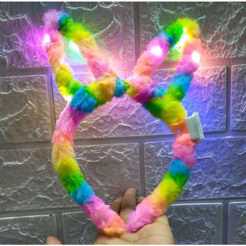 Bando Lampu Menyala Bulu Rainbow / Bando Anak Menyala / Bando Telinga Kelinci Bulu Warna-Warni