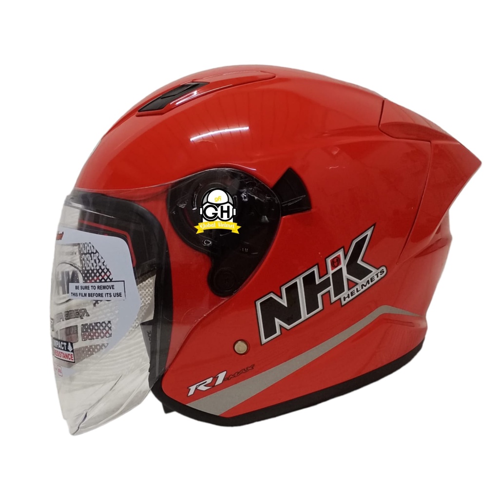 Helm NHK R1 Max Solid Red Glossy Merah Kilat Double Visor Half Face - Helem Motor SNI DOT Touring Dewasa Pria Wanita Cewek Cowok Helmet Keren Terbaru Original