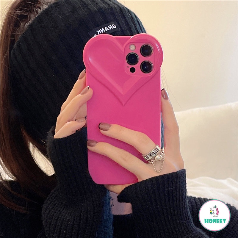 Luxury Rose Red 3D Love Heart Shape Phone Case Kompatibel Untuk IPhone 14 13 12 11 Pro Max Sarung Handphone Belakang TPU Lembut Menyerap Guncangan