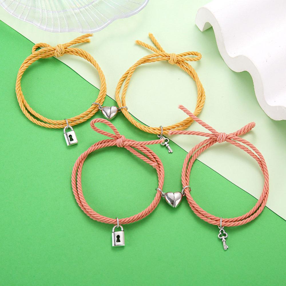 Timekey Wanita Magnet Pasangan Gelang Pecinta Kunci Hati Dikepang Tali Rantai Pergelangan Tangan Minimalis Perhiasan Hadiah D1J6