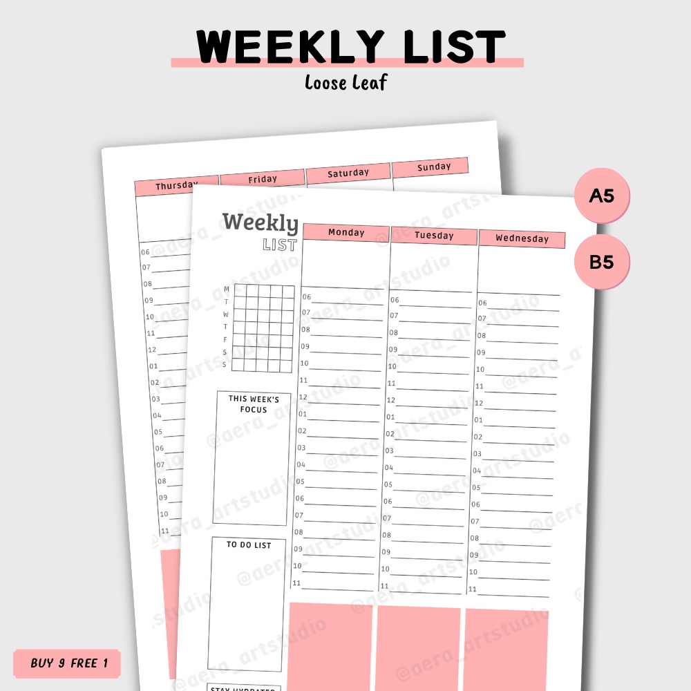 

(10 pcs) LA800 Weekly List : Loose Leaf - by Aera Art Studio | Isi Kertas Binder A5 B5 - Binder Paper - Refill Binder - List Mingguan - To Do List Mingguan - Weekly Note