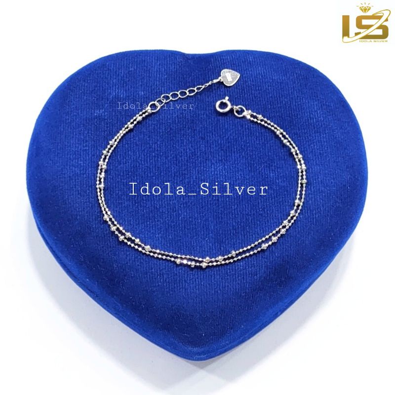 Gelang tangan 2 Layer Perak Asli Silver Wanita 925 Lapis Emas Putih Asli Rantai Dua Layer Biji Jedar - Perak Asli Anti Karat