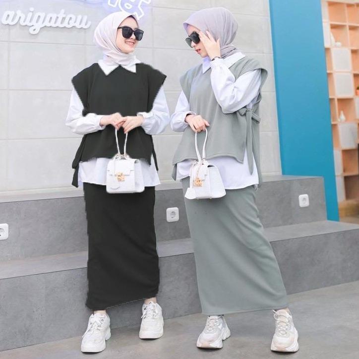Depan1 Syasweater- One set ROMPI + Rok Span /Celana Rok / Maxi Skirt Original /Rok Rajut Wanita