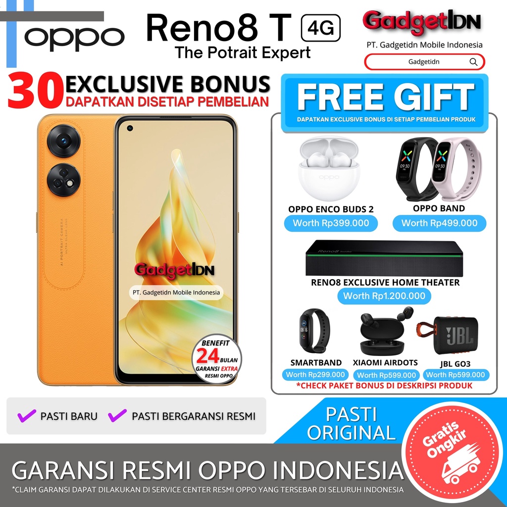 OPPO RENO 8T 4G 16/256GB ( 8GB + 8GB EXTENSION RAM ) OPPO RENO8 T GARANSI RESMI OPPO