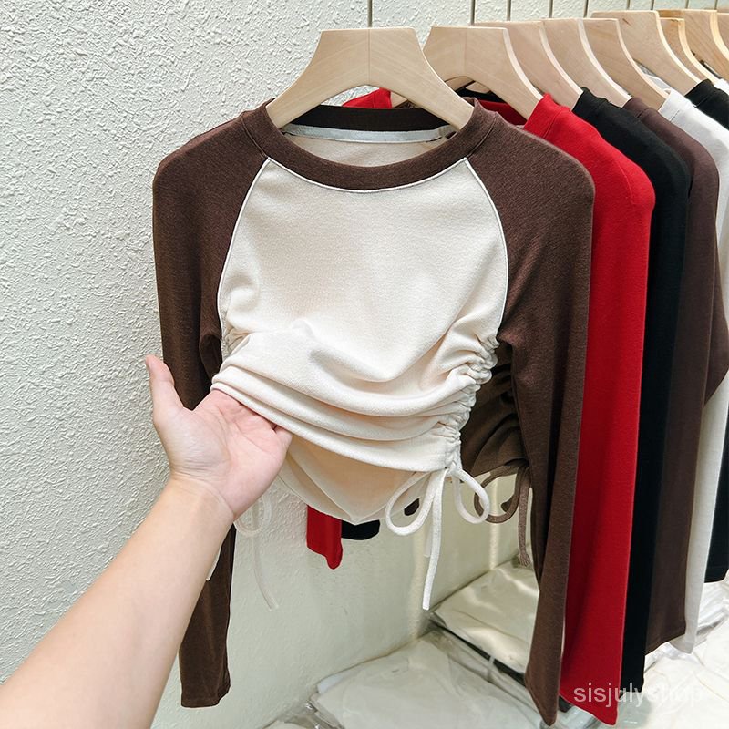 #Sisjuly# Kaos lengan panjang wanita atasan kemeja ramping ramping dan tipis lipit atasan kemeja pen