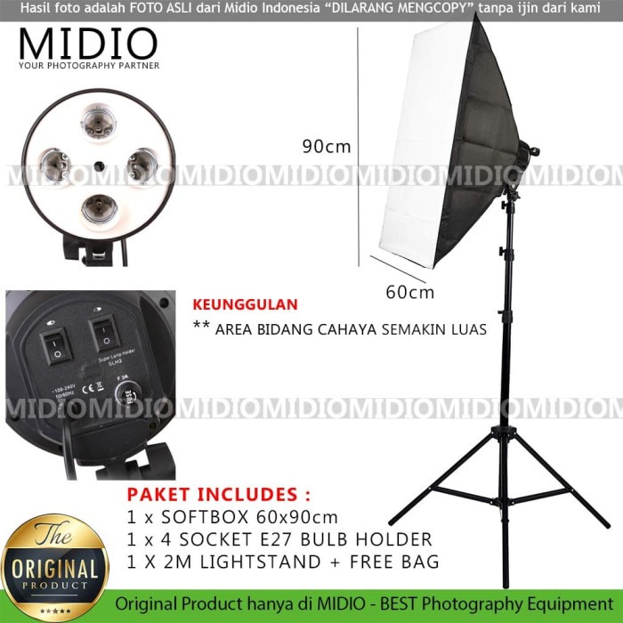 Fok Softbox Foto Studio Midio 4 Socket E27 Uk Softbox 60X90 + Stand 2M