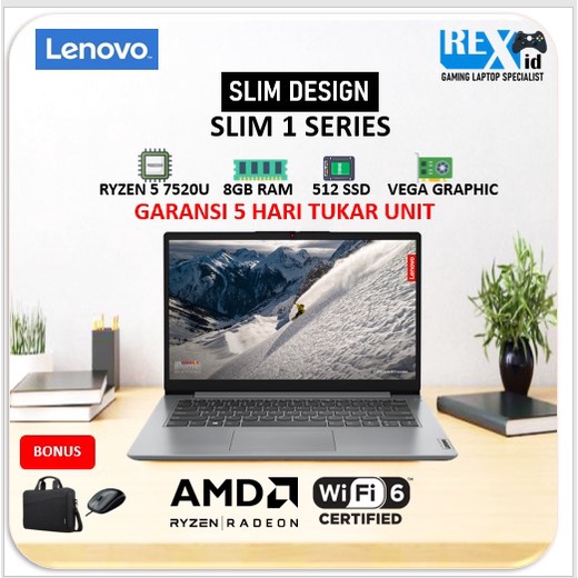 LENOVO SLIM 1 RYZEN 5 7520U/ RYZEN 3 7320U RADEON 610M 512SSD W11+OHS FHD