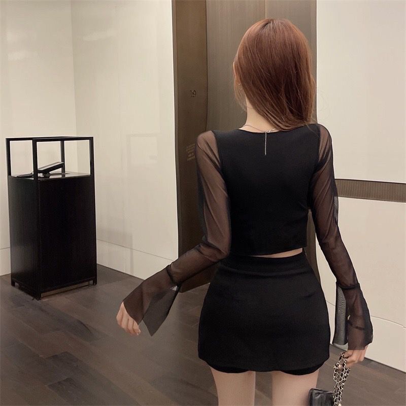 Red Keinginan murni hot girl mesh lengan panjang splicing chic top kemeja kecil dengan rasa desain gaya asing t-shirt pendek v-neck wanita pasang ins