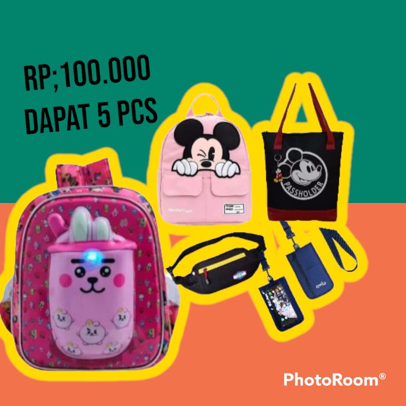 Paket Murah Dapat 5 Tas Harga Grosir Tas Ransel Boba Led/Ransel Micky Mouse/Waistbag/Selempang