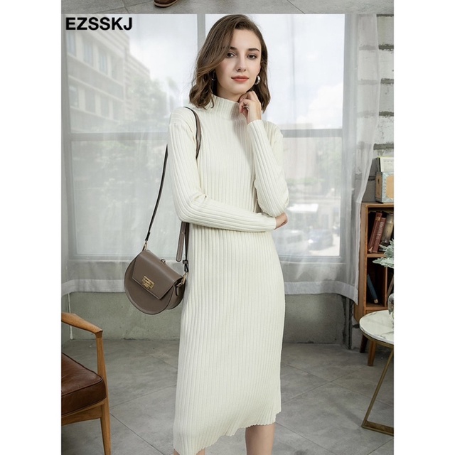 Knit Midi Dress Turtleneck Rajut