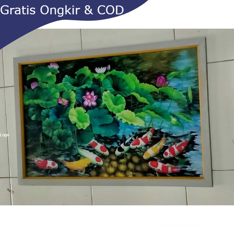 hiasan dinding lukisan cetak ikan koi dan bunga teratai plus bingkai ukuran 85×55 [BISA COD]