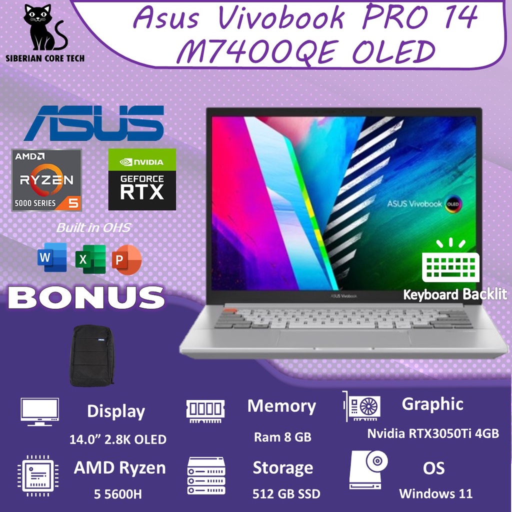 ASUS VIVOBOOK PRO 14 OLED M7400QE OLED713 RTX3050TI 4GB/ RYZEN 7 5800H 16GB 1TBSSD W11+OHS 14.0 2.8K 100DCIP3