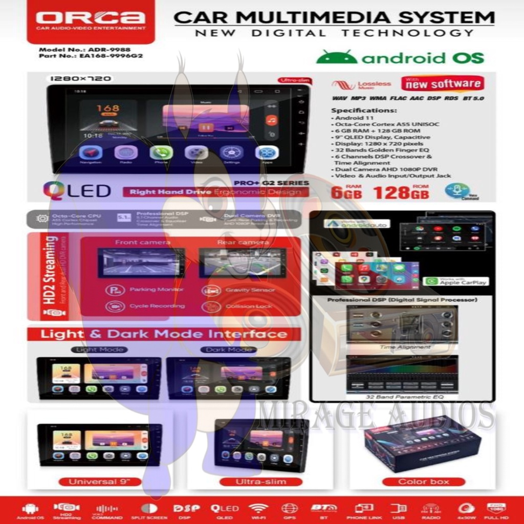 Head Unit Android 10 inch ORCA ADR-9988 PRO+ G2 Gen 2 DSP Dual DVR/CCTV COOLING FAN NFC 6GB-256GB