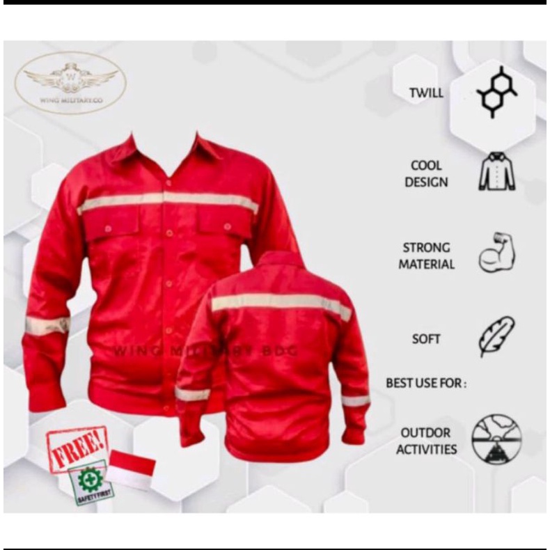 Wearpack atasan Kemeja panjang free logo k3 safety dan bendera merah putih