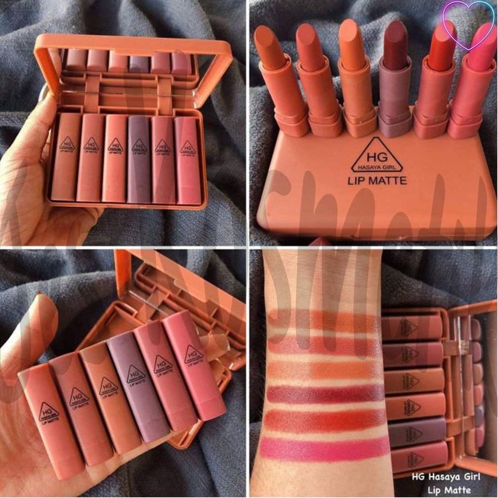 [COD] Hasaya Girl Lipstik Nude Series Lip Matte Pumpkin Color Set 6 Pcs Plus Kaca fwiqe
