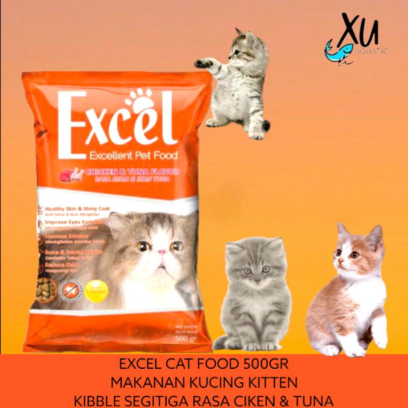 EXCEL KIBBLE SEGITIGA 500 GR MAKANAN KUCING DEWASA RASA AYAM &amp; TUNA EXCEL ORANGE