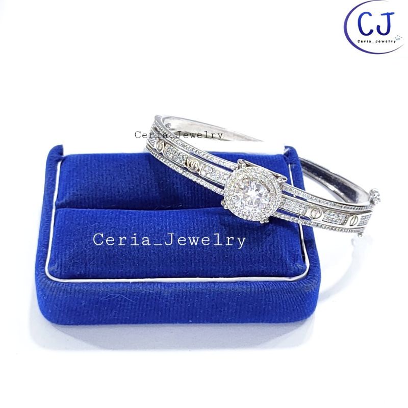 Gelang Perak Asli Silver 925 Lapis Emas Putih Model Bangle Oval Diamond - Perhiasan Perak Wanita