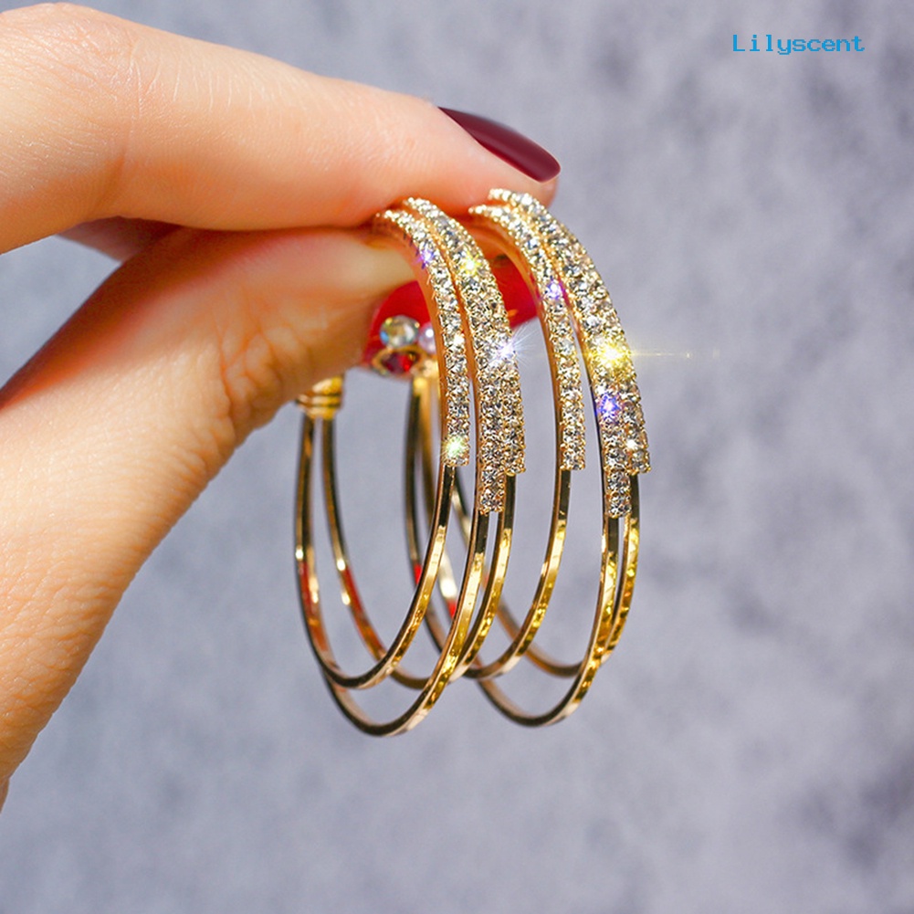 [LS] Wanita Indah Berlian Imitasi Anting Hoop Triple Layer Lingkaran Tindik Perhiasan