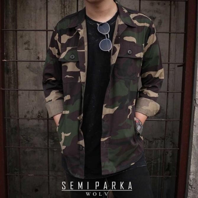 jaket pria baru jaket semi parka loreng army Pria original dari We-Wolv - Hijau, M(C8T8) Jaket Pria 