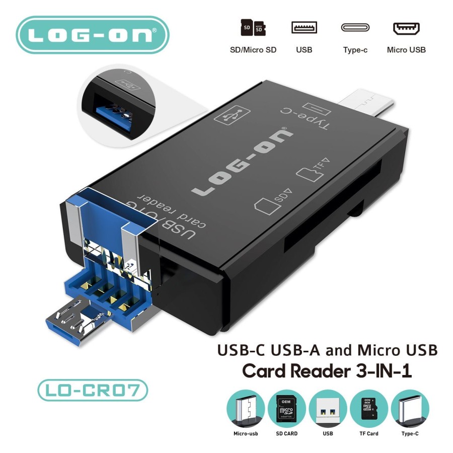 OTG CARIDER LOG ON 3IN1 LO-CR07 USB ADAPTER TYPE C / MICRO USB / USB 2.0SD - OTG CARD READER LOG ON