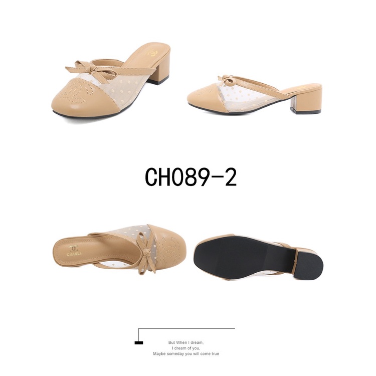 CH Mesh &amp; Leather CC Logo Block Heel Pumps CH089-2