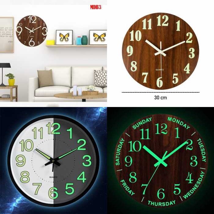 LUMINOVA Jam Dinding Quartz Glow in The Dark Kayu MDF 30CM MDB1 MDB2 MDB3 MDB4