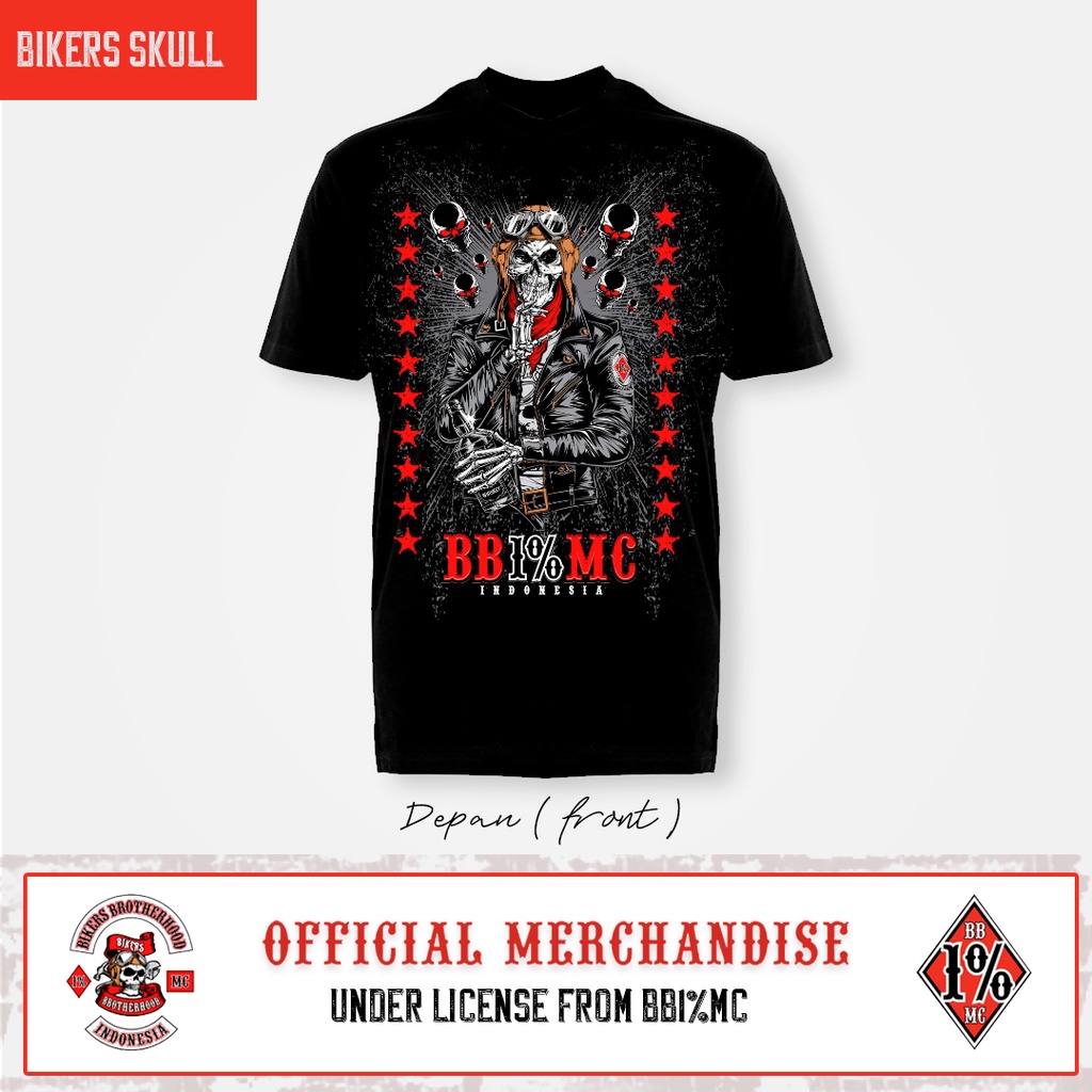 Kaos Bikers Brotherhood 1% MC Biker Skull Lengan pendek Cotton BB1%MC Official Merchandise