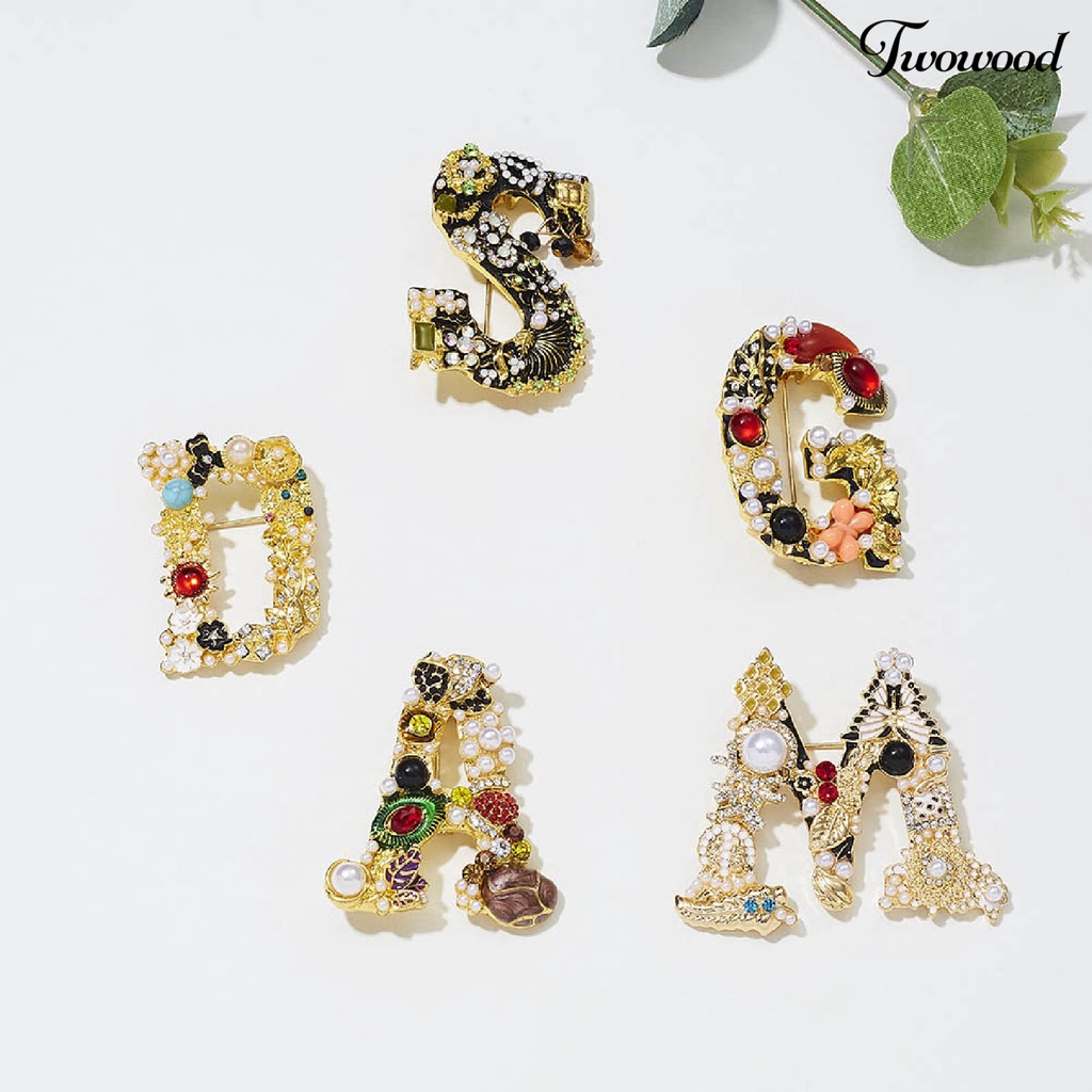 Twowood Enamel Bros Pin Muti-Warna Fashion Bentuk Huruf Wanita Berlian Imitasi Mutiara Imitasi Brooch Pin Untuk Pesta