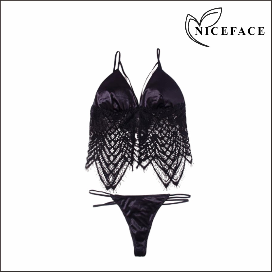 NICEFACE - Lingerie Wanita Sexy lingeri Set Lace transparan Seksi Set + G-String Wanita Motif Renda