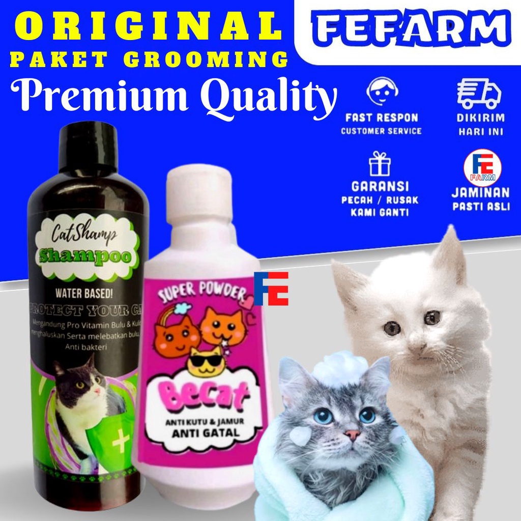 PAKET Shampo Sampo Shampoo Catshamp 250ml Dan Bedak BECAT Anti Kutu Kucing Cat Shamp No Flea Ampuh FEFARM