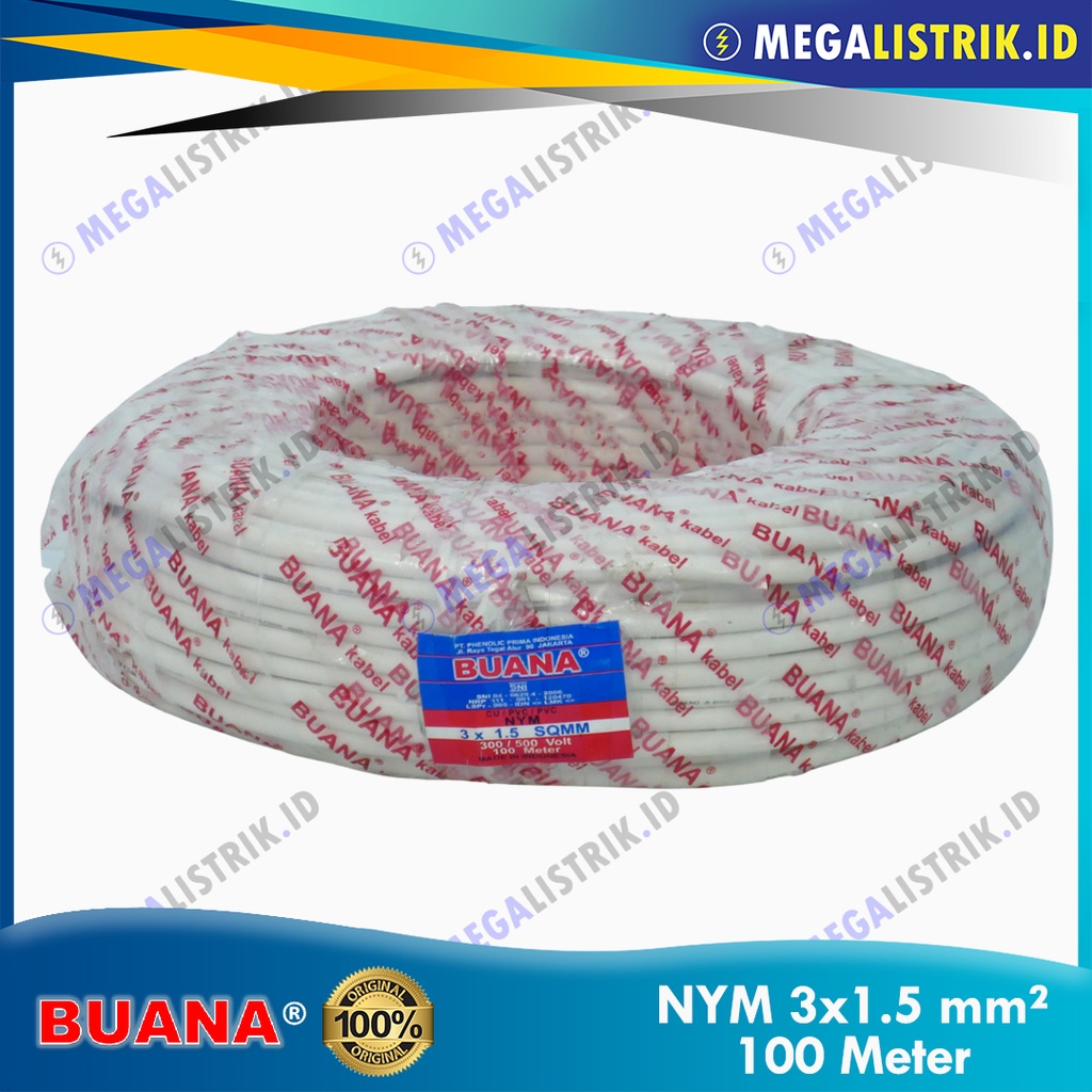 BUANA KABEL NYM 3X1.5 ( 100M ) / KABEL LISTRIK PUTIH KAWAT TEMBAGA 3 X 1.5 MM ( 100 METER )