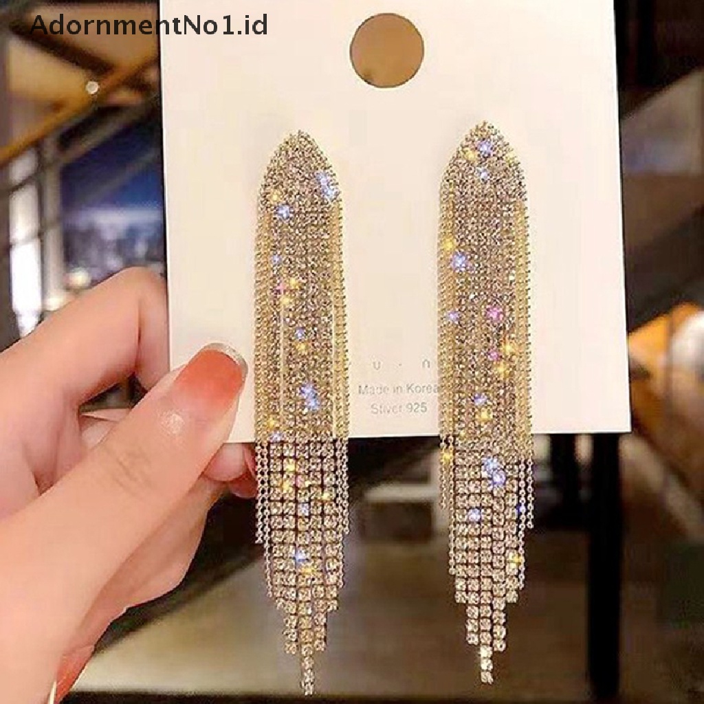 [AdornmentNo1] Rumbai Panjang Penuh Berlian Imitasi Drop Anting Untuk Wanita Ovsize Kristal Menjuntai Anting Fashion Perhiasan Aksesoris [ID]