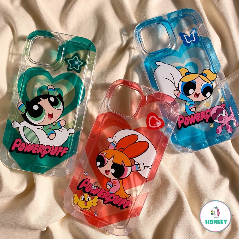 IPHONE Indah Lucu Powerpuff Gadis Airbag Air Cushion Puff Phone Case Kompatibel Untuk Iphone14 13 12 11 Pro Max Shockproof Lembut TPU Kembali Ponsel Cover