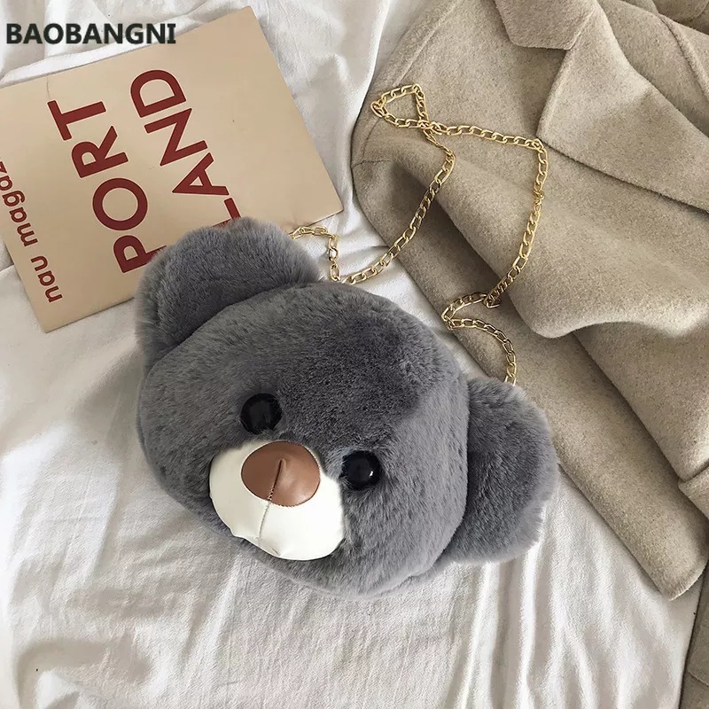 MJP - Boneka Beruang Kepala Tas Berbulu Perempuan Mewah Lucu Rantai Satu Bahu Tas Diagonal Beruang Kepala Tas Kepala Beruang Baru